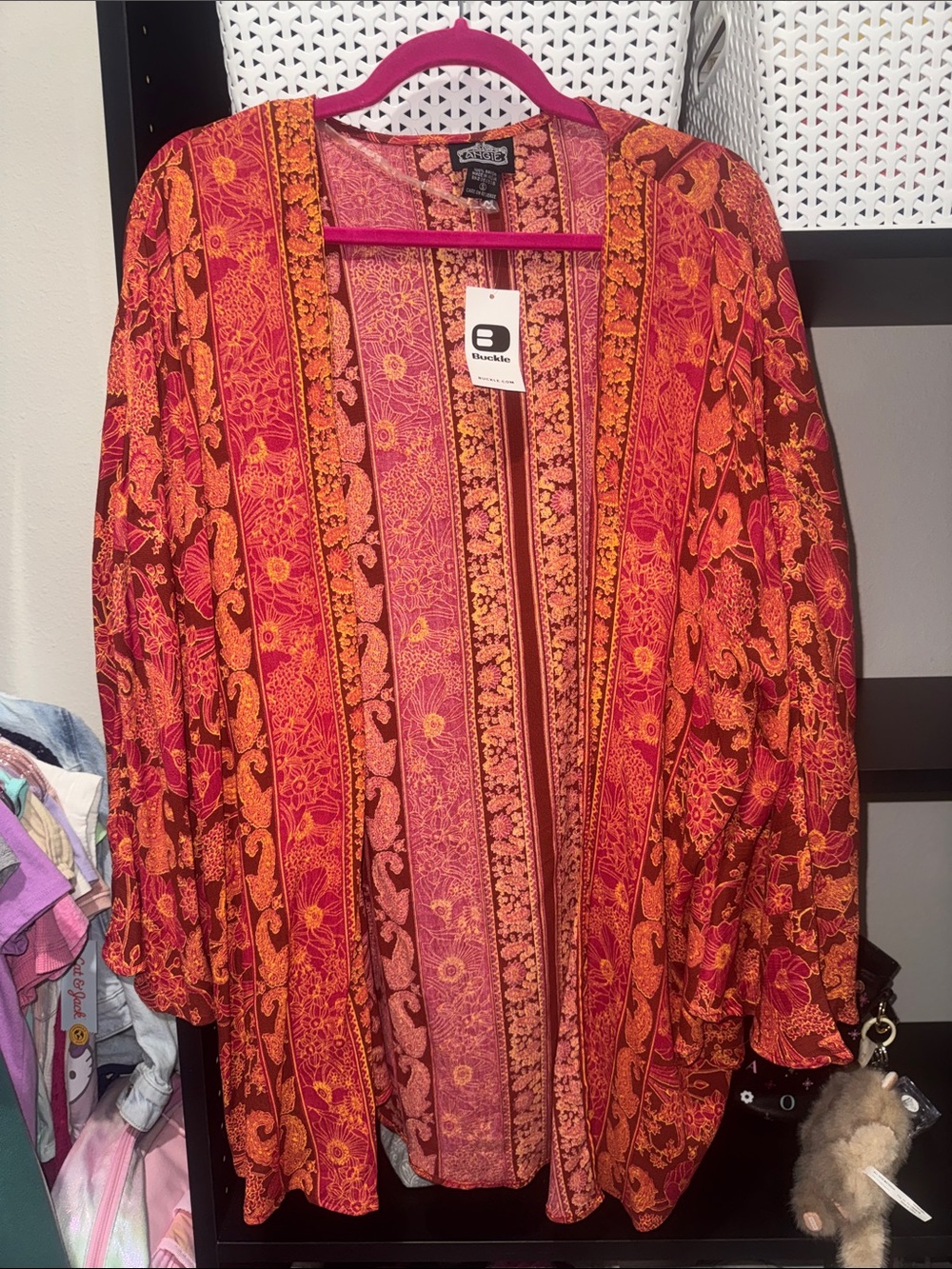ONE WORLD Floral Stripe Open Front Kimono in Red and Orange